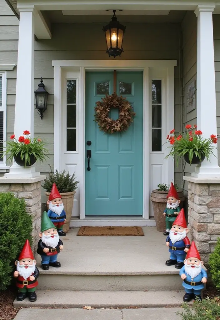 30 Front Door Decor Ideas That Instantly Refresh Your Entry - 23. Fun Garden Gnomes