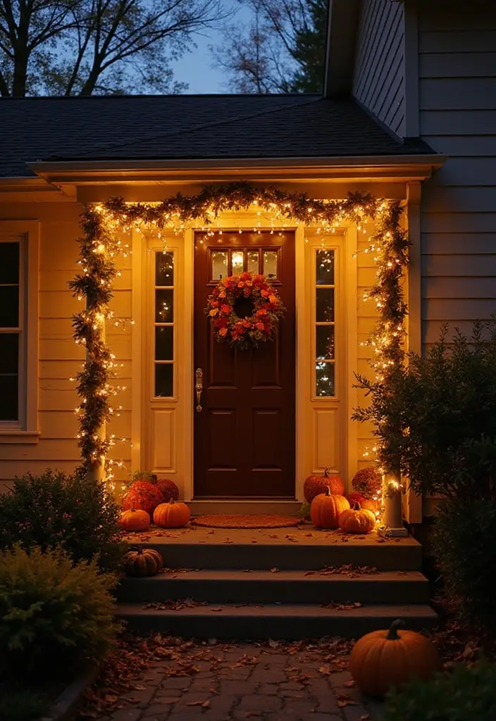 30 Front Door Fall Decor Ideas That Welcome Guests Warmly - 14. Festive Fairy Lights