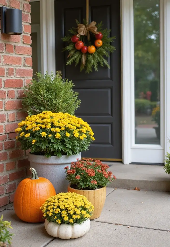 30 Front Door Fall Decor Ideas That Welcome Guests Warmly - 16. Seasonal Potted Plants