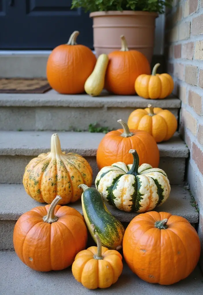 30 Front Door Fall Decor Ideas That Welcome Guests Warmly - 17. Gourd Displays