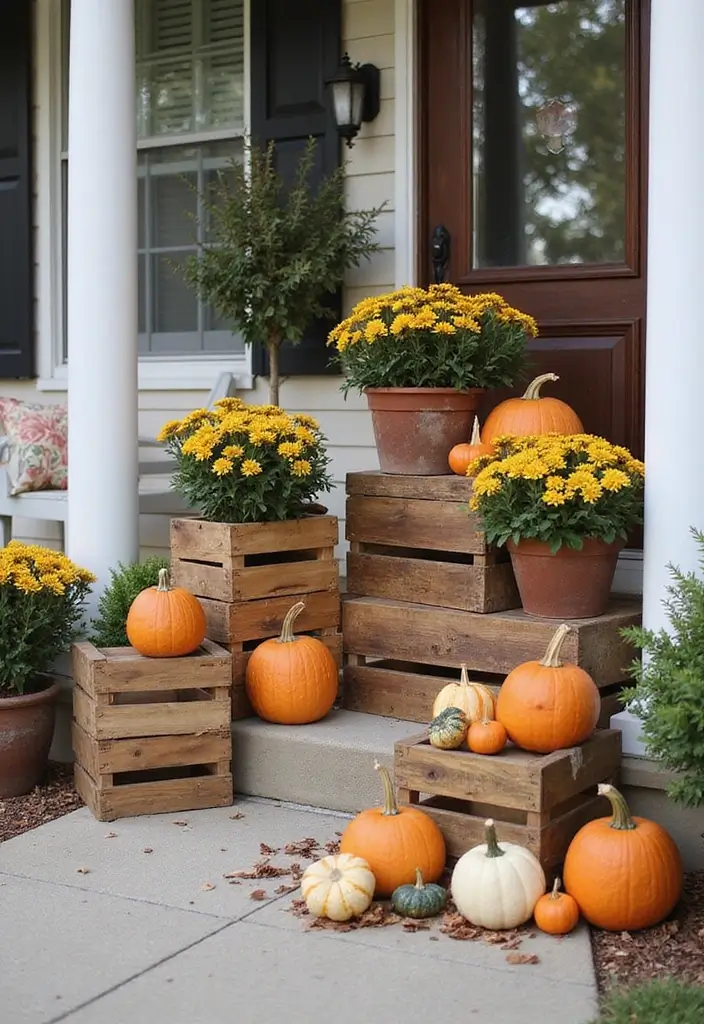30 Front Door Fall Decor Ideas That Welcome Guests Warmly - 18. Rustic Wooden Crates