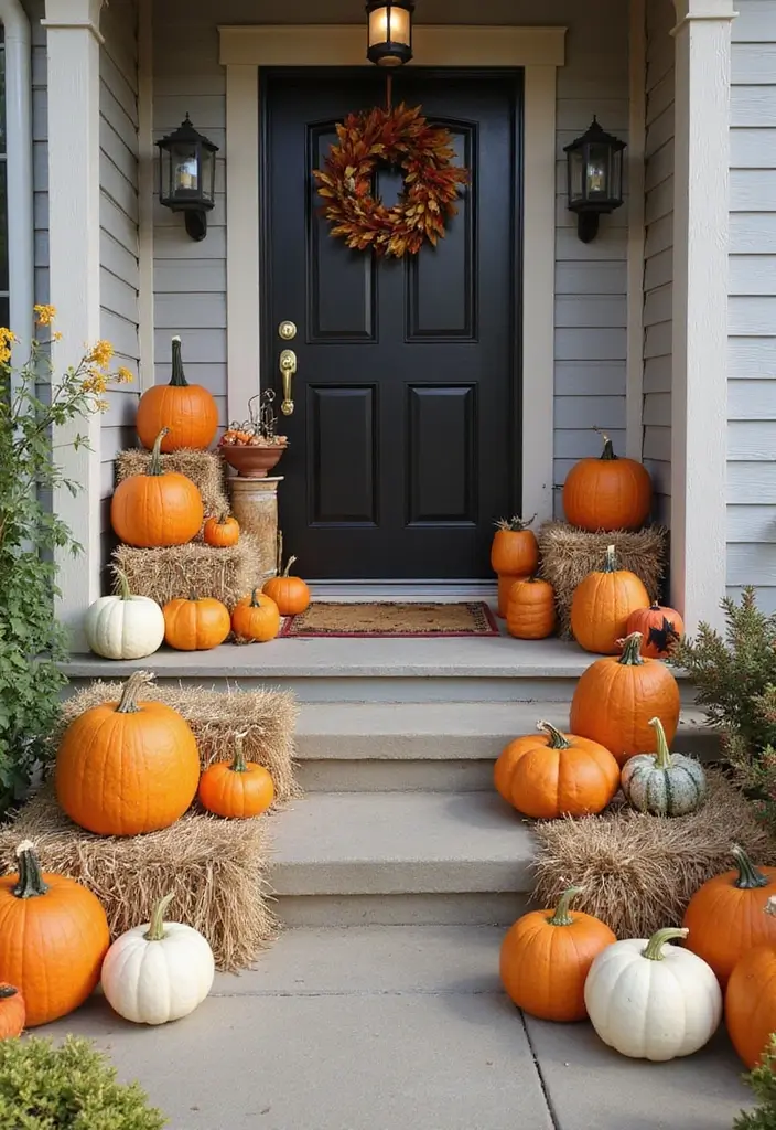 30 Front Door Fall Decor Ideas That Welcome Guests Warmly - 2. Pumpkin Patch Display