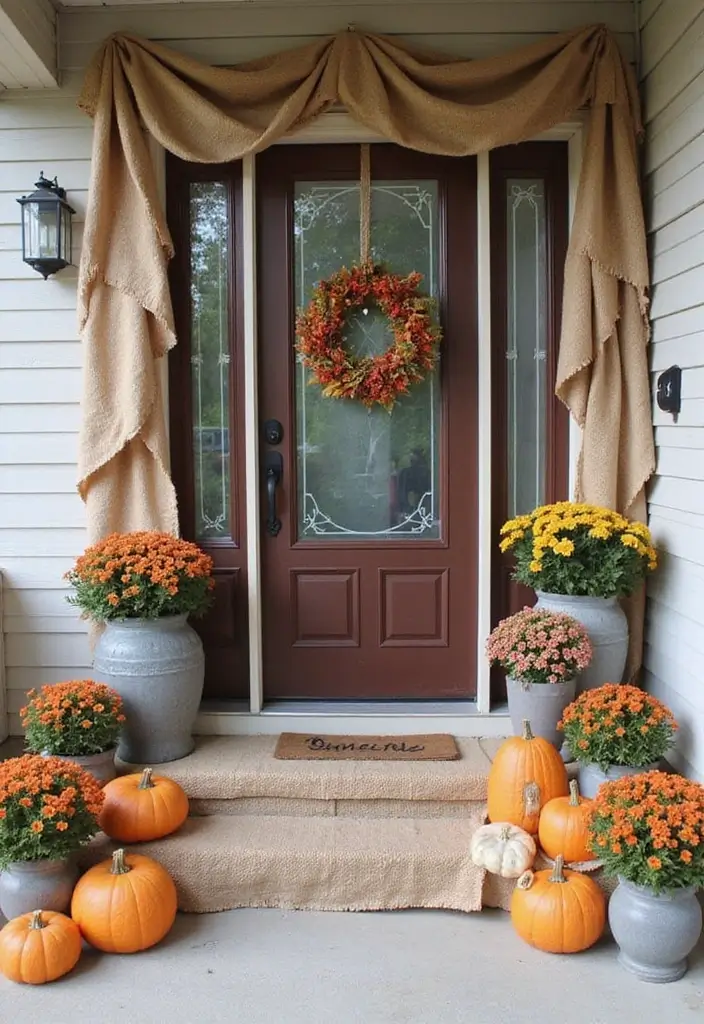 30 Front Door Fall Decor Ideas That Welcome Guests Warmly - 22. Burlap Accents