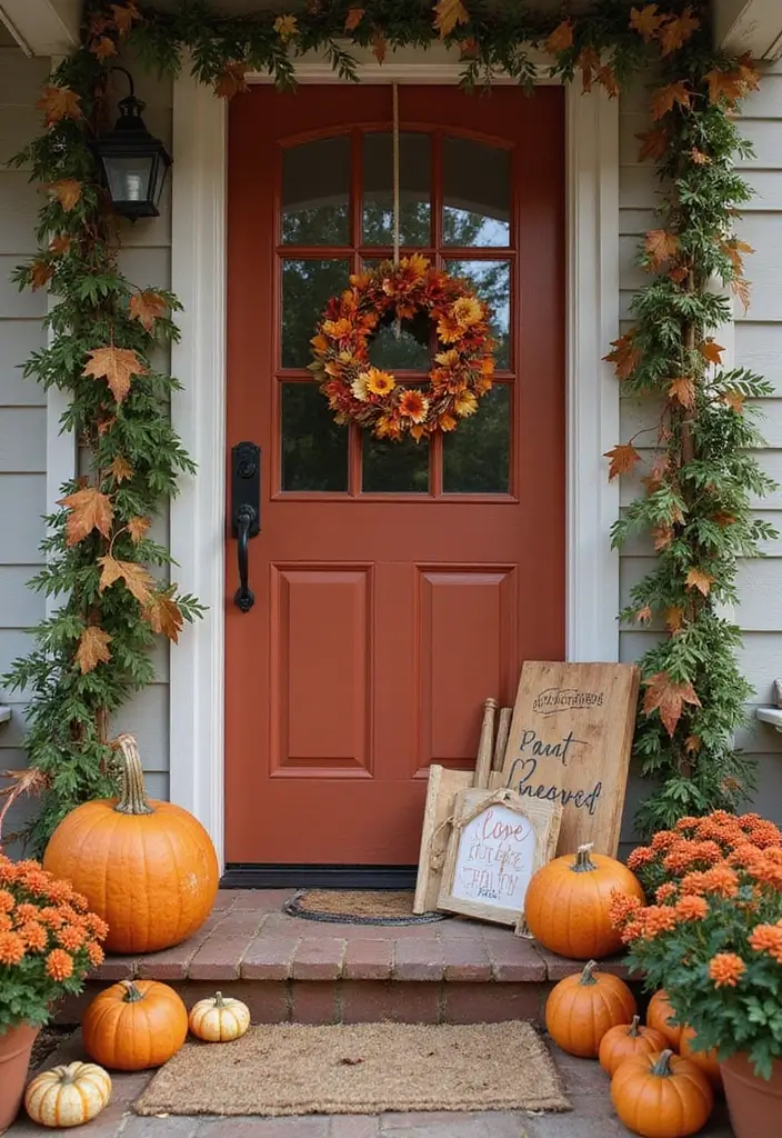 30 Front Door Fall Decor Ideas That Welcome Guests Warmly - 24. Warm Welcome Signs