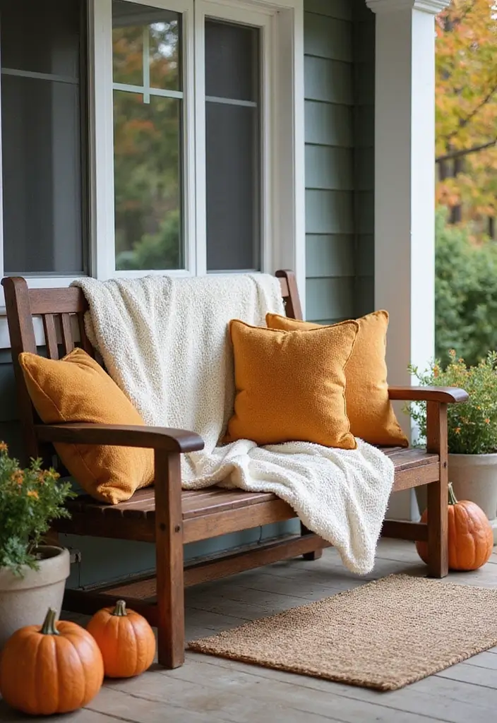 30 Front Door Fall Decor Ideas That Welcome Guests Warmly - 3. Cozy Blankets and Pillows