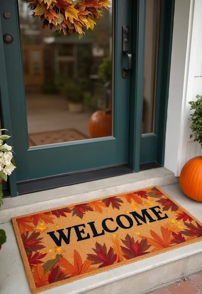 30 Front Door Fall Decor Ideas That Welcome Guests Warmly - 4. Autumn-Themed Welcome Mats