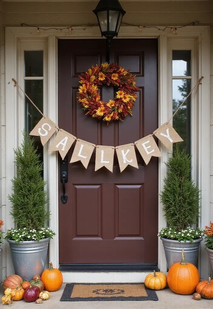 30 Front Door Fall Decor Ideas That Welcome Guests Warmly - 6. Seasonal Banners