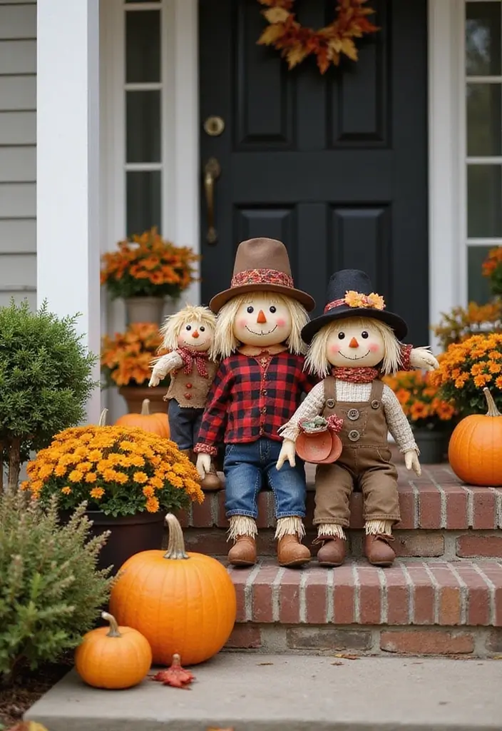 30 Front Door Fall Decor Ideas That Welcome Guests Warmly - 7. Mini Scarecrows
