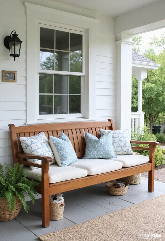 30 Front Porch Bench Ideas That Add Both Style and Function 11 30 Front Porch Bench Ideas That Add Both Style and Function - 11. Coastal Vibes with Teak