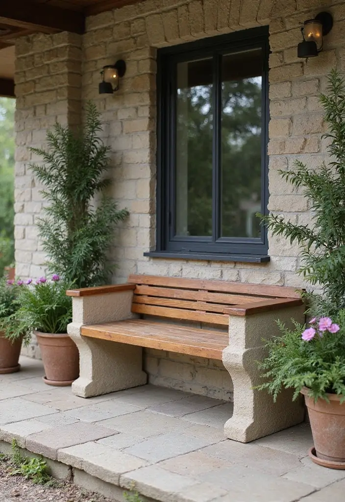30 Front Porch Bench Ideas That Add Both Style and Function 12 30 Front Porch Bench Ideas That Add Both Style and Function - 12. Stone and Wood Fusion