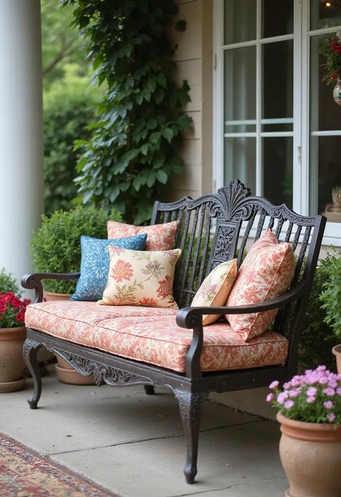 30 Front Porch Bench Ideas That Add Both Style and Function 2 30 Front Porch Bench Ideas That Add Both Style and Function - 2. Vintage Charm with a Twist