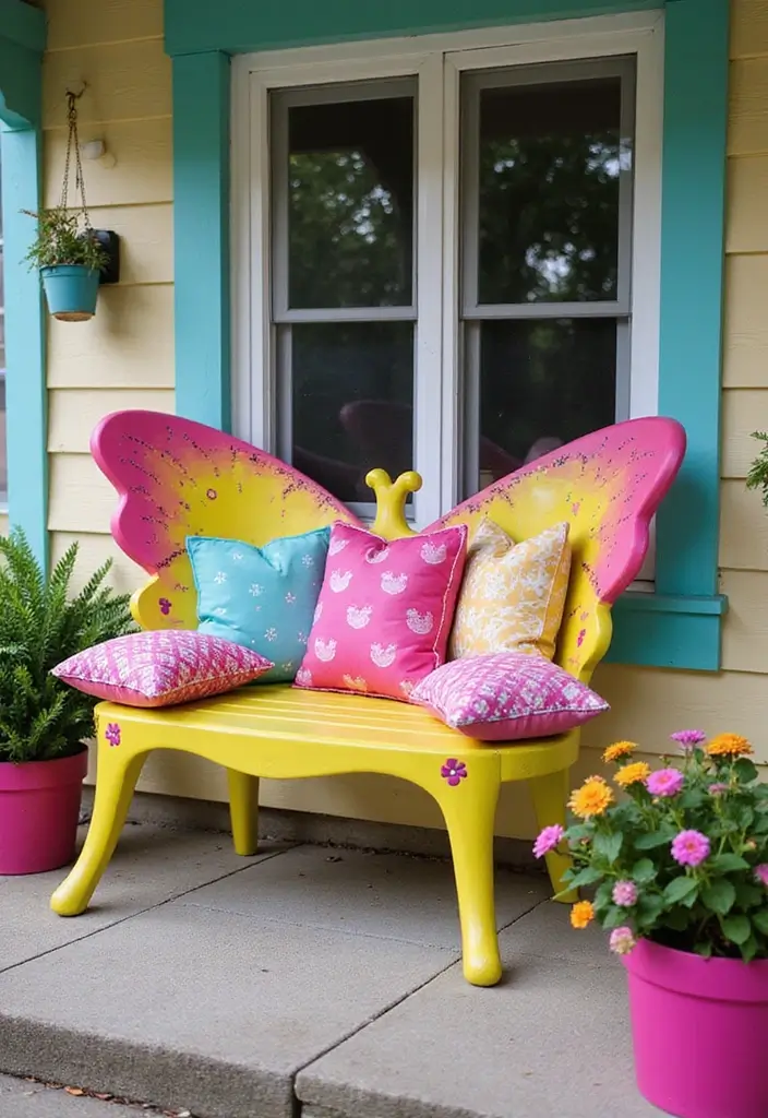 30 Front Porch Bench Ideas That Add Both Style and Function 20 30 Front Porch Bench Ideas That Add Both Style and Function - 20. Whimsical Butterfly Bench