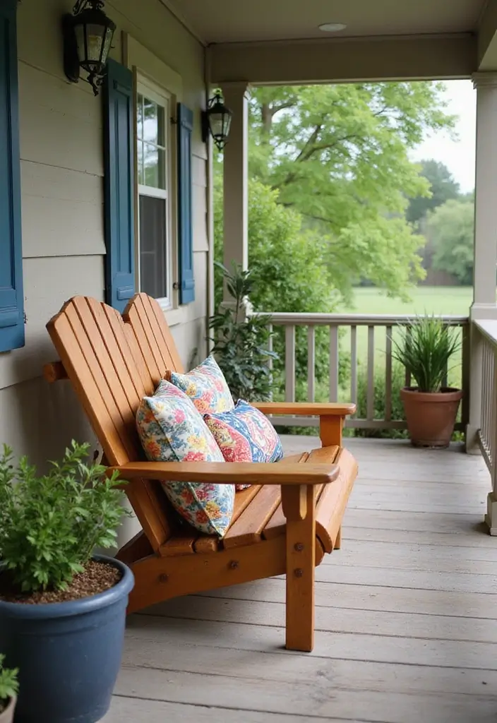 30 Front Porch Bench Ideas That Add Both Style and Function 21 30 Front Porch Bench Ideas That Add Both Style and Function - 21. Charming Adirondack Bench