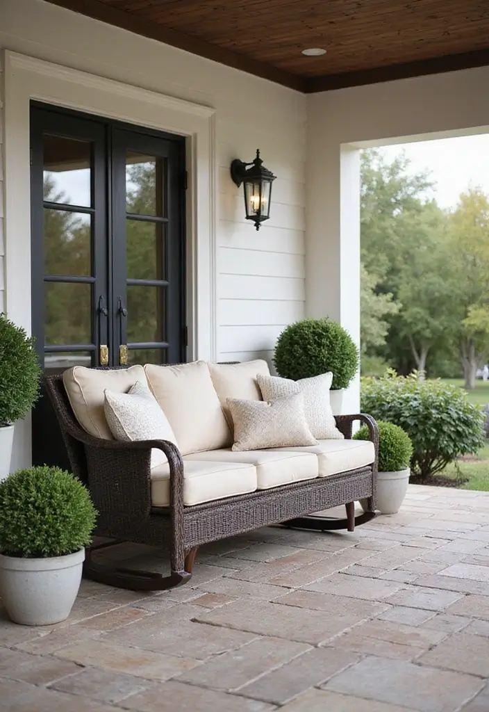 30 Front Porch Bench Ideas That Add Both Style and Function 25 30 Front Porch Bench Ideas That Add Both Style and Function - 25. Elegant Glider Bench