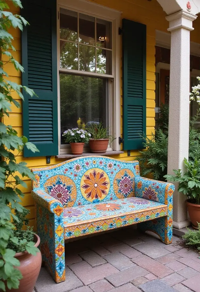 30 Front Porch Bench Ideas That Add Both Style and Function 28 30 Front Porch Bench Ideas That Add Both Style and Function - 28. Artistic Mosaic Bench