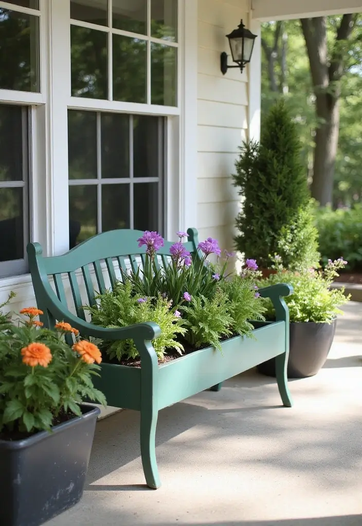 30 Front Porch Bench Ideas That Add Both Style and Function 4 30 Front Porch Bench Ideas That Add Both Style and Function - 4. Planter Bench Combo