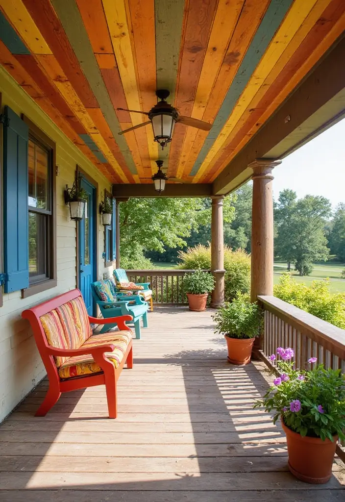 30 Front Porch Ceiling Ideas That Add Style Overhead - 11. Colorful Wood Planks