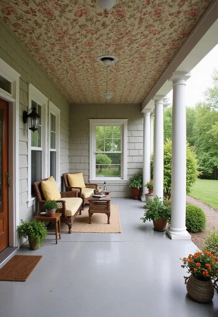 30 Front Porch Ceiling Ideas That Add Style Overhead - 20. Vintage Wallpaper
