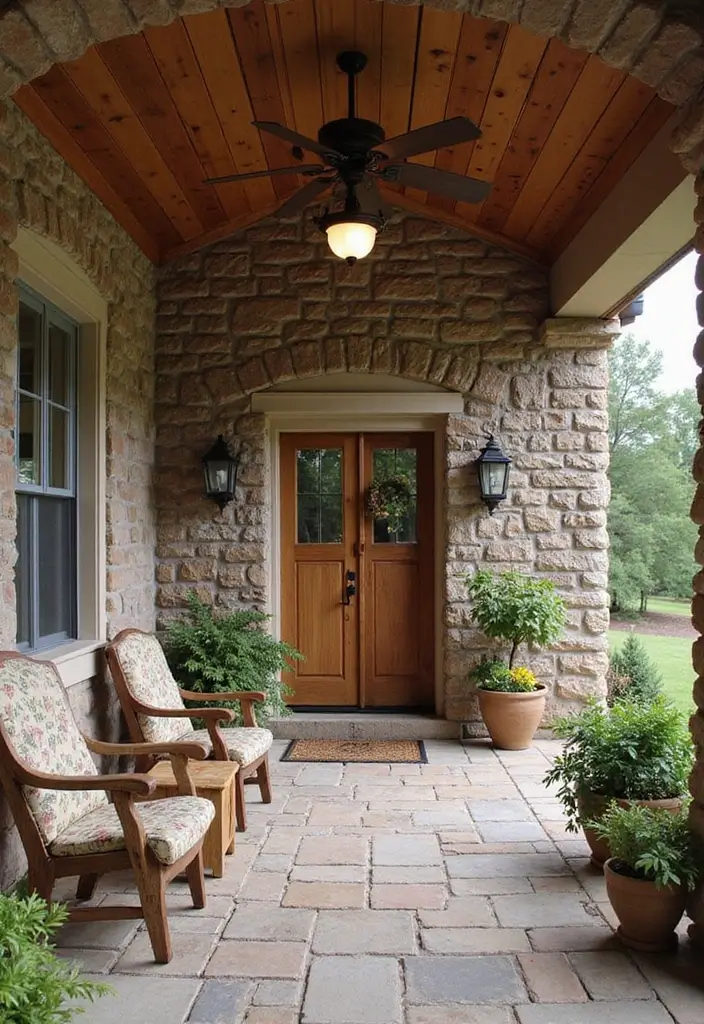 30 Front Porch Ceiling Ideas That Add Style Overhead - 30. Stone or Brick Accents