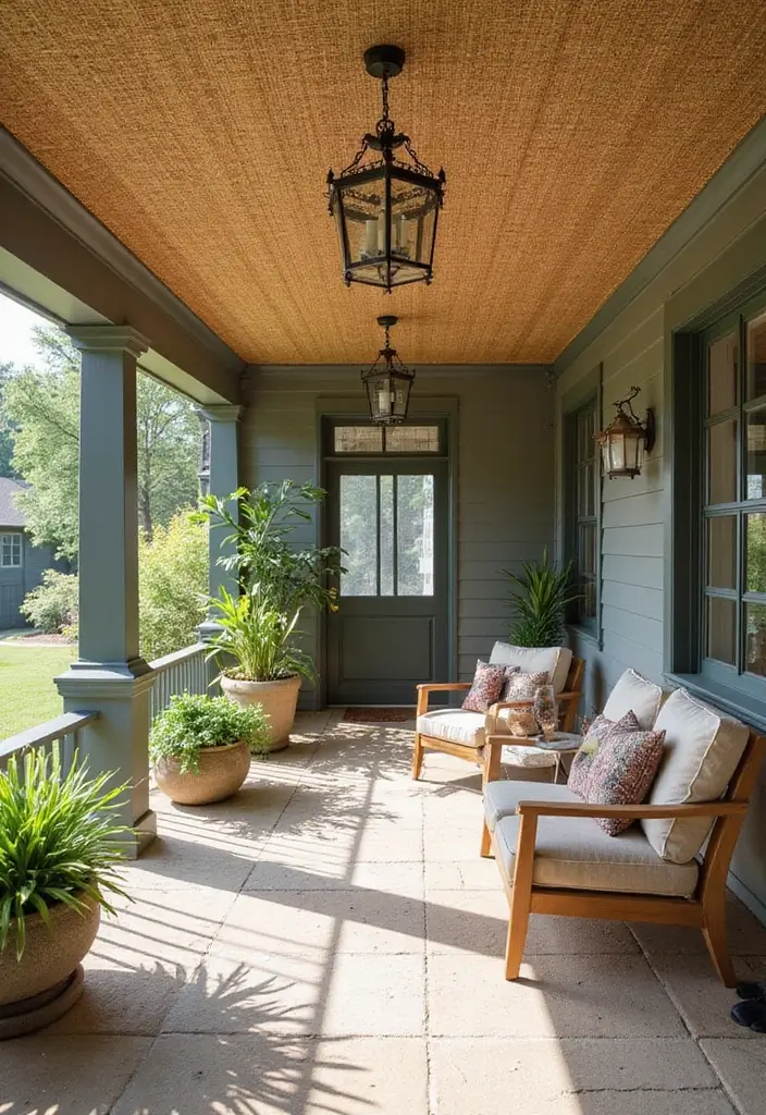 30 Front Porch Ceiling Ideas That Add Style Overhead - 9. Natural Fiber Ceiling