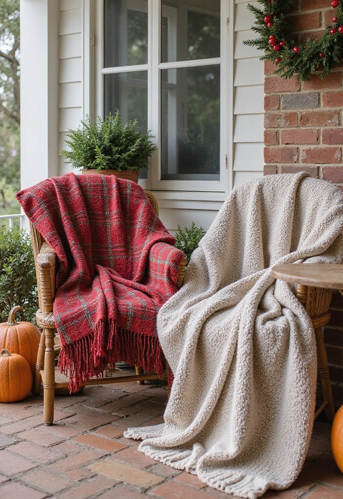 30 Front Porch Decorating Ideas to Boost Curb Appeal - 25. Seasonal Throw Blankets