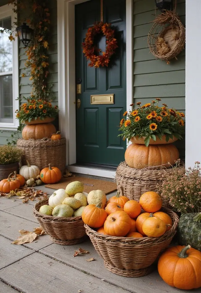 30 Front Porch Halloween Decor Ideas That Spook and Delight 23 30 Front Porch Halloween Decor Ideas That Spook and Delight - 23. Harvest Basket Arrangements