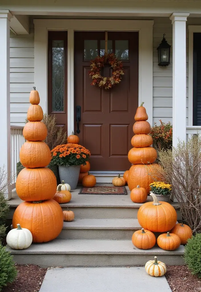 30 Front Porch Halloween Decor Ideas That Spook and Delight 26 30 Front Porch Halloween Decor Ideas That Spook and Delight - 26. Pumpkin and Gourd Towers