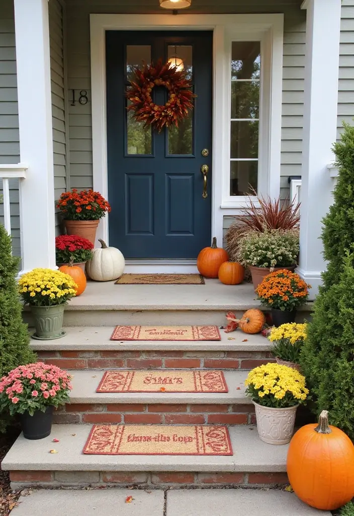 30 Front Porch Stairs Ideas That Upgrade Your Entryway - 10. Outdoor Rug-Matted Steps