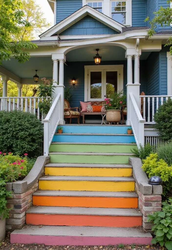 30 Front Porch Stairs Ideas That Upgrade Your Entryway - 14. Colorful Painted Steps