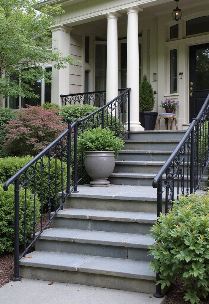 30 Front Porch Stairs Ideas That Upgrade Your Entryway - 25. Slate Steps with Iron Accents