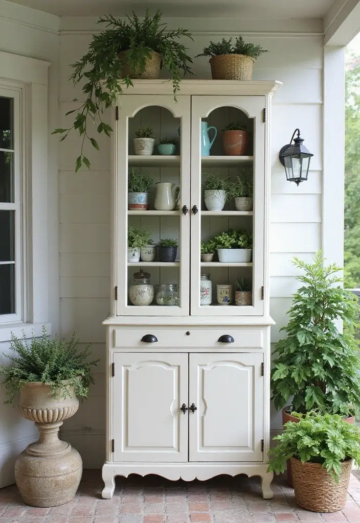 30 Long Front Porch Decorating Ideas That Fill the Space Beautifully - 12. Shabby Chic Cabinets