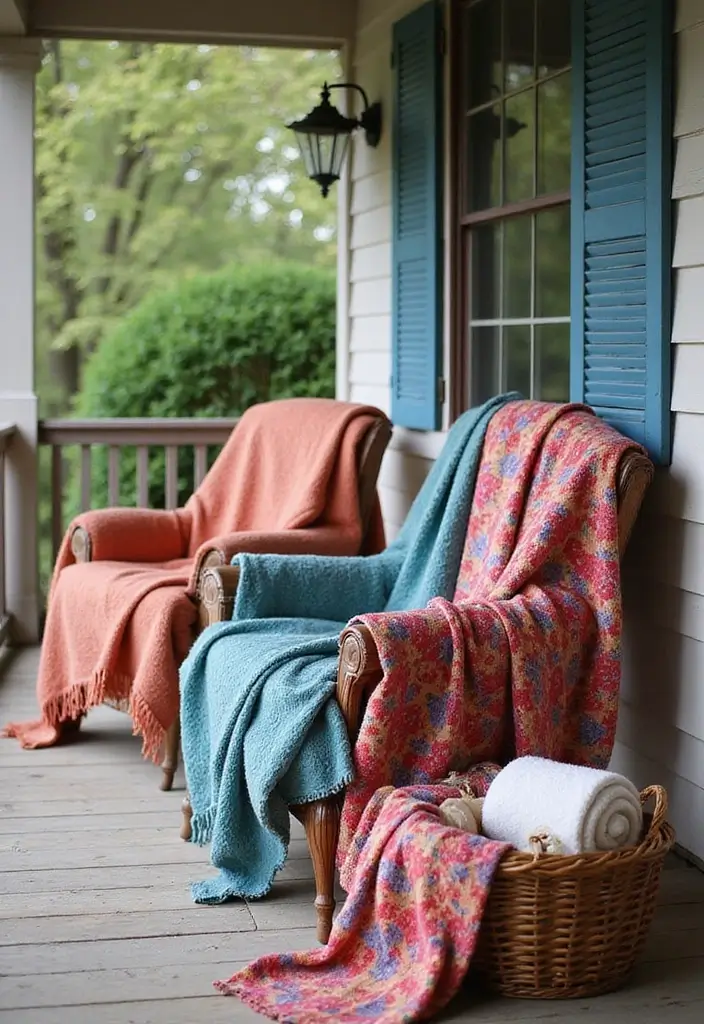 30 Long Front Porch Decorating Ideas That Fill the Space Beautifully - 14. Cozy Blankets
