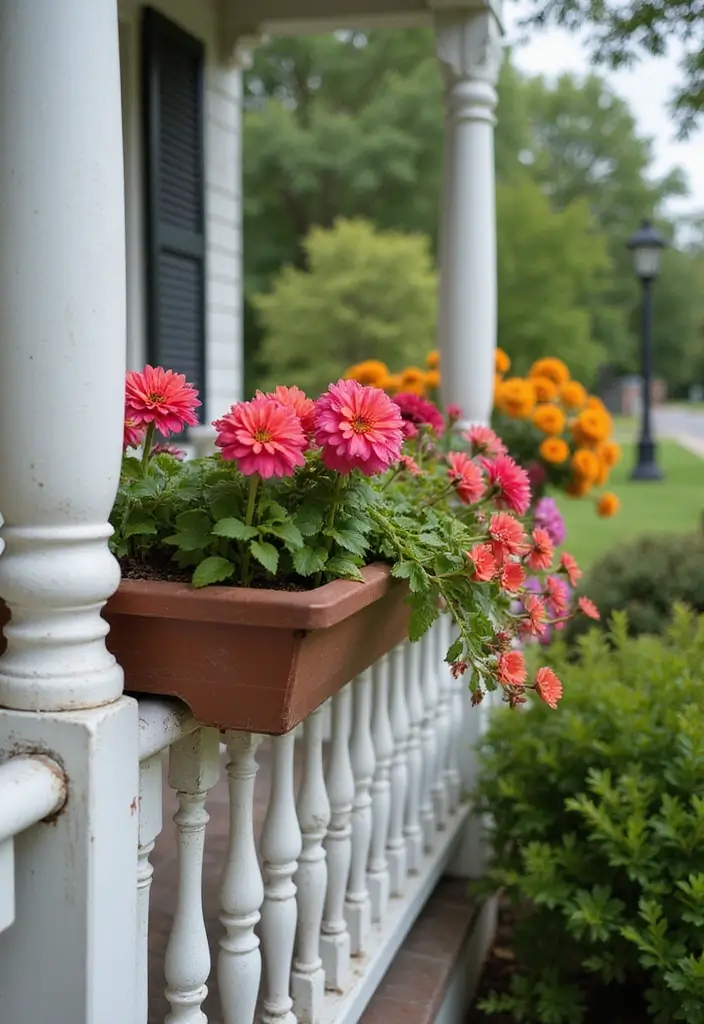 30 Long Front Porch Decorating Ideas That Fill the Space Beautifully - 16. Colorful Flower Boxes