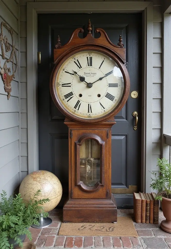 30 Long Front Porch Decorating Ideas That Fill the Space Beautifully - 17. Vintage Clocks