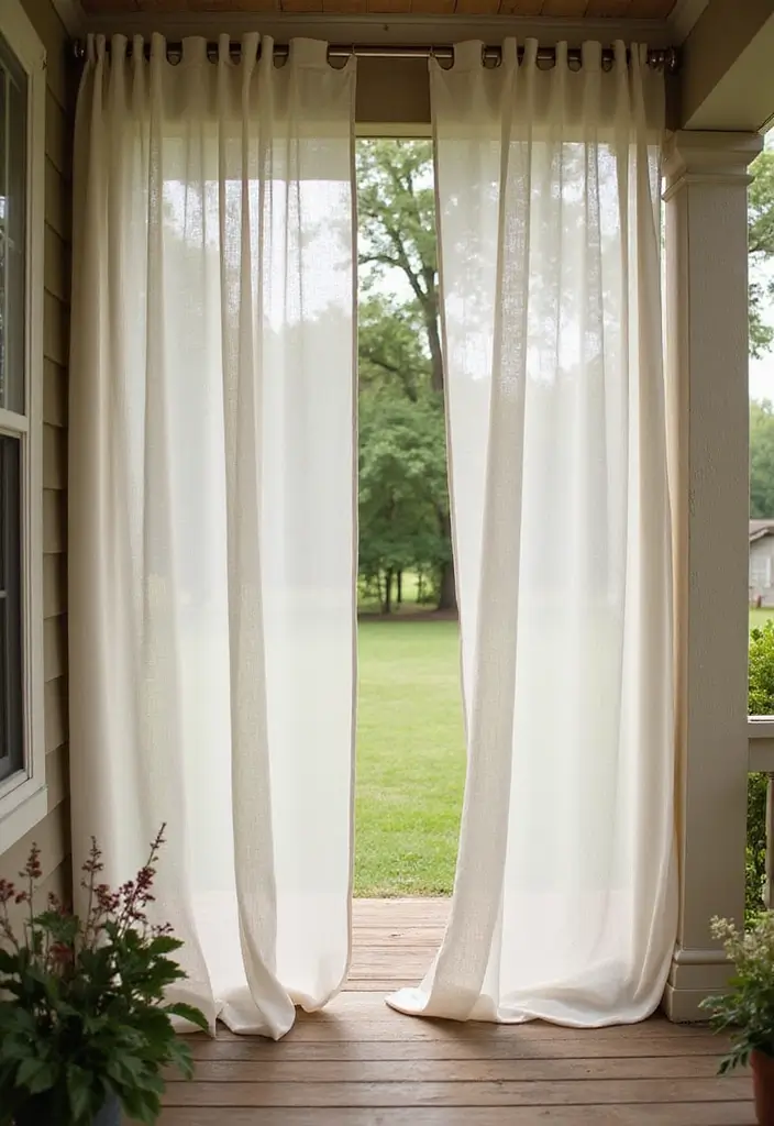 30 Long Front Porch Decorating Ideas That Fill the Space Beautifully - 19. Outdoor Curtains