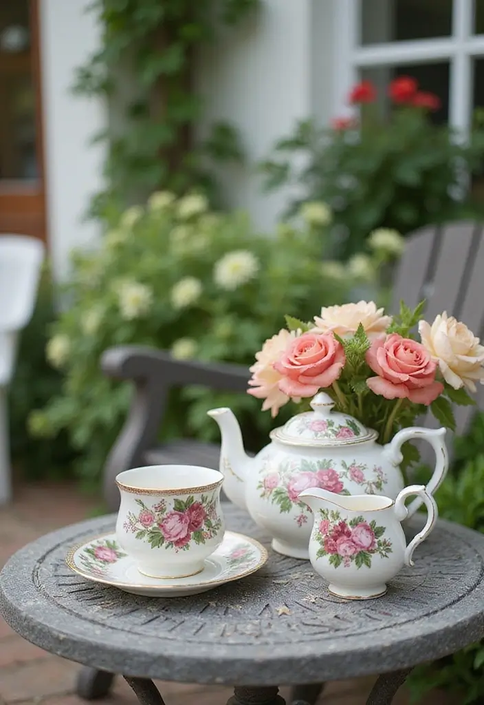 30 Long Front Porch Decorating Ideas That Fill the Space Beautifully - 20. Vintage Tea Sets