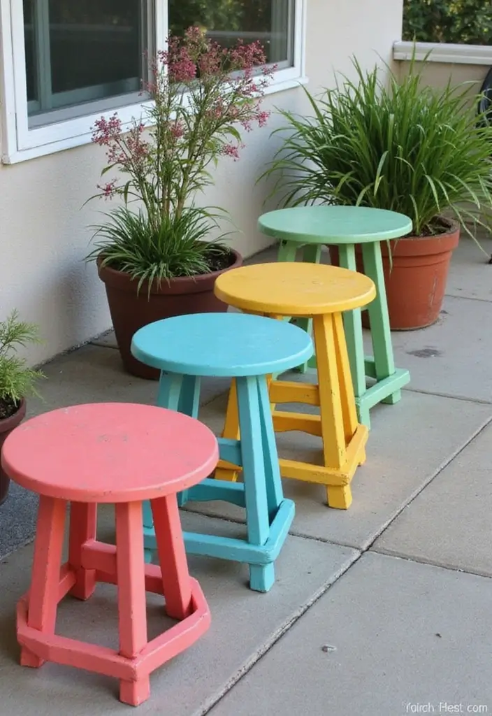 30 Long Front Porch Decorating Ideas That Fill the Space Beautifully - 23. Charming Garden Stools