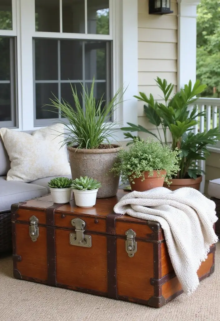 30 Long Front Porch Decorating Ideas That Fill the Space Beautifully - 24. Vintage Trunks