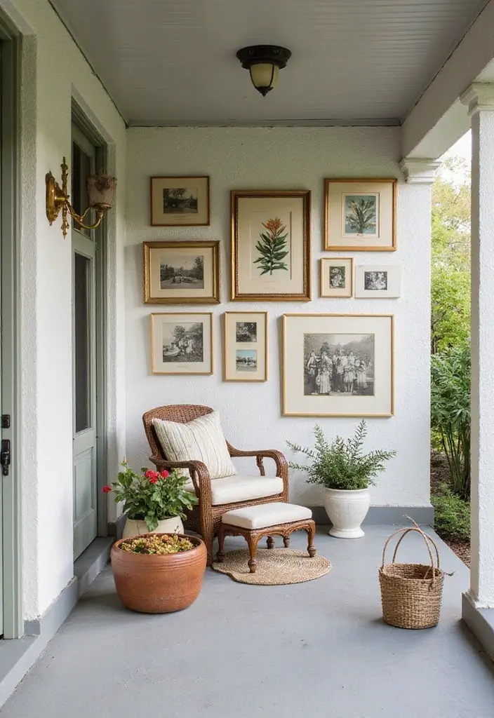 30 Long Front Porch Decorating Ideas That Fill the Space Beautifully - 25. Vintage Inspired Wall Art