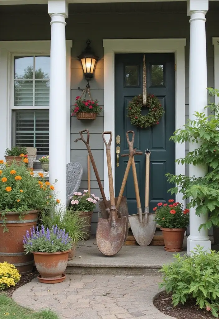 30 Long Front Porch Decorating Ideas That Fill the Space Beautifully - 27. Vintage Garden Tools