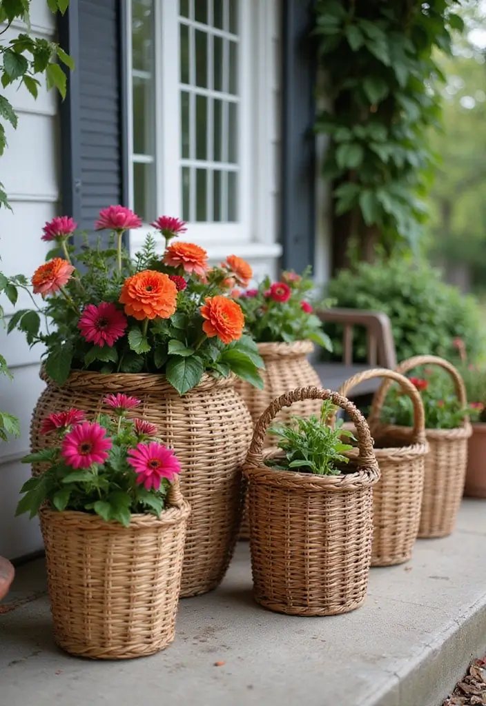 30 Long Front Porch Decorating Ideas That Fill the Space Beautifully - 4. Woven Baskets