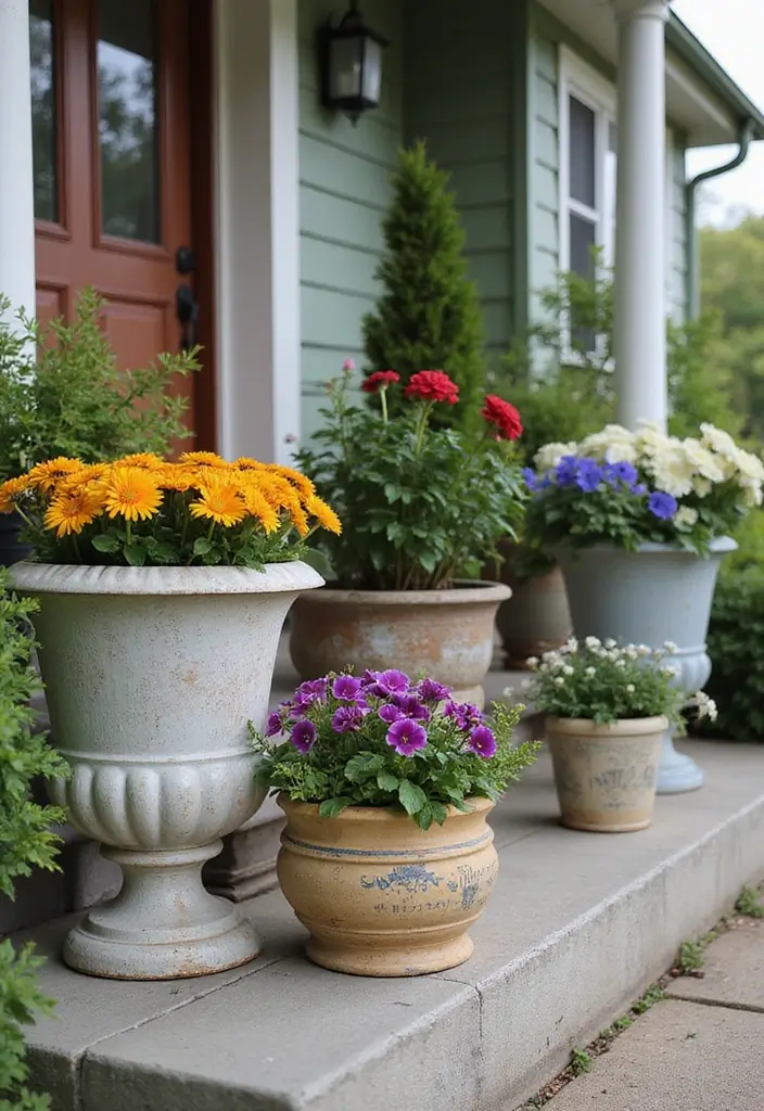 30 Long Front Porch Decorating Ideas That Fill the Space Beautifully - 7. Vintage Planters