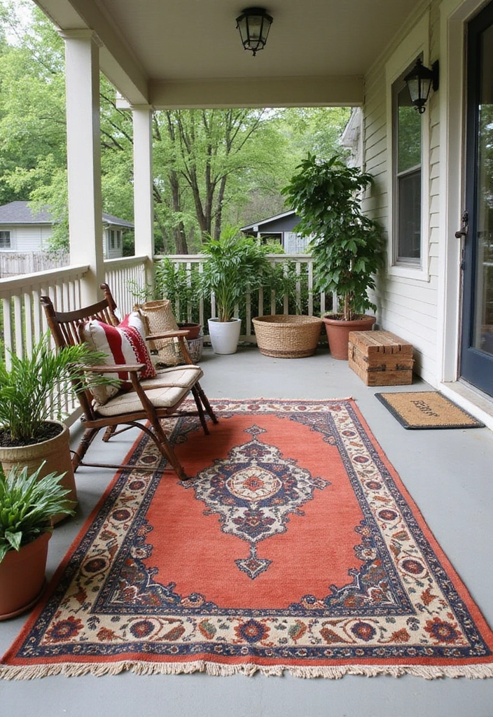 30 Long Front Porch Decorating Ideas That Fill the Space Beautifully - 9. Outdoor Rugs
