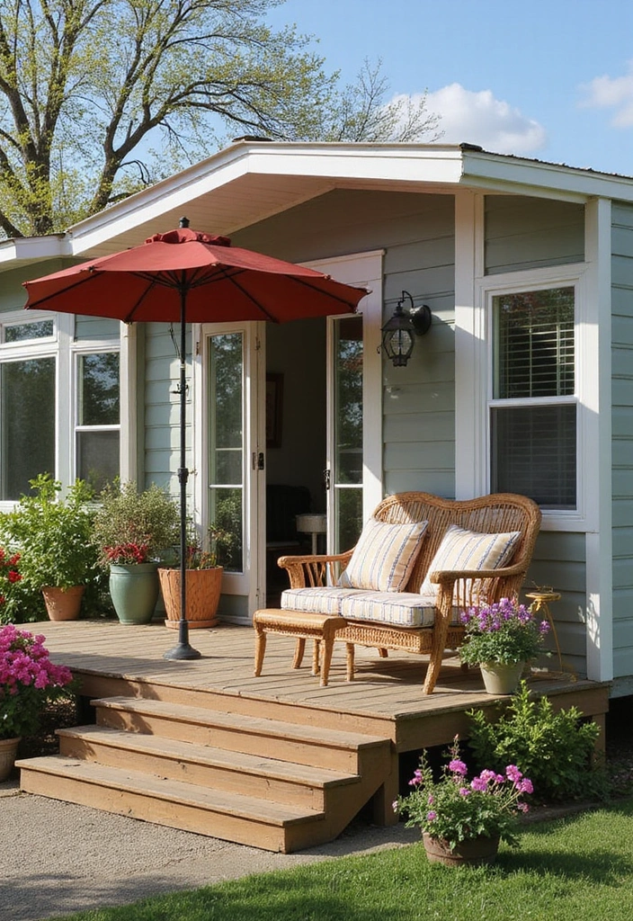 30 Mobile Home Front Porch Ideas That Boost Curb Appeal 24 30 Mobile Home Front Porch Ideas That Boost Curb Appeal - 24. Umbrella Shade