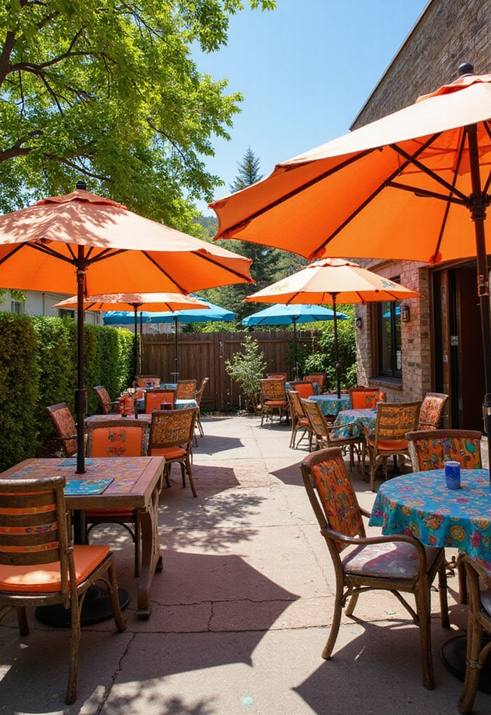 30 Outdoor Patio Decorating Ideas That Feel Like a Retreat - 21. Colorful Dining Umbrellas