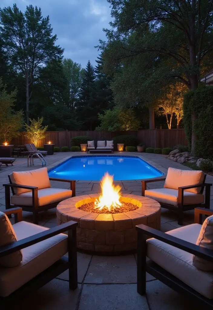 30 Outdoor Swimming Pool Designs That Feel Like a Resort - 17. Poolside Fire Pits: Cozy Evenings
