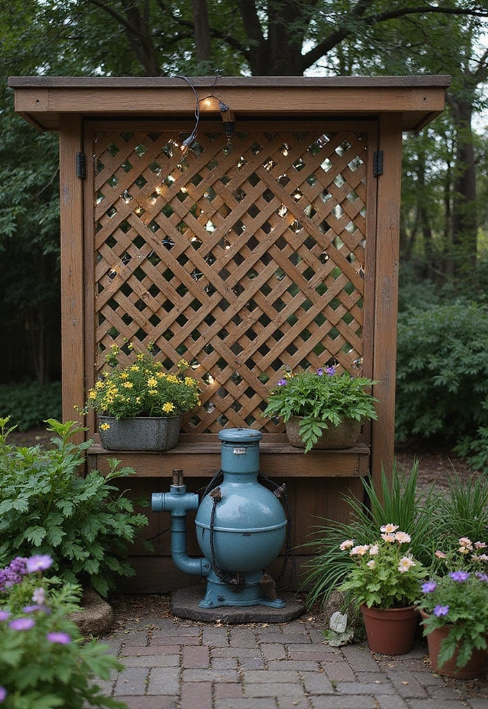 30 Pool Pump Cover Ideas That Are Practical and Stylish - 12. Vintage Lattice Screen Cover