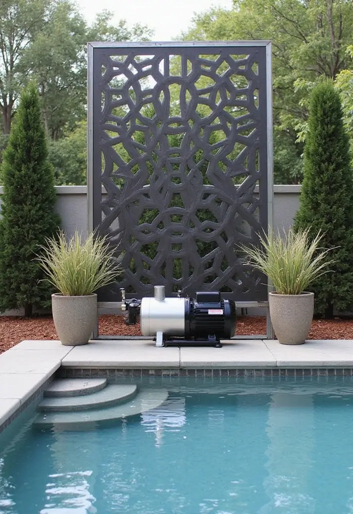 30 Pool Pump Cover Ideas That Are Practical and Stylish - 15. Geometric Metal Screen Cover