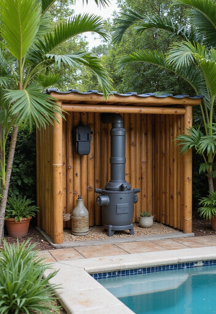 30 Pool Pump Cover Ideas That Are Practical and Stylish - 2. Stylish Bamboo Enclosure