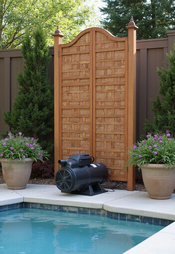30 Pool Pump Cover Ideas That Are Practical and Stylish - 27. Elegant Wood Screen Cover